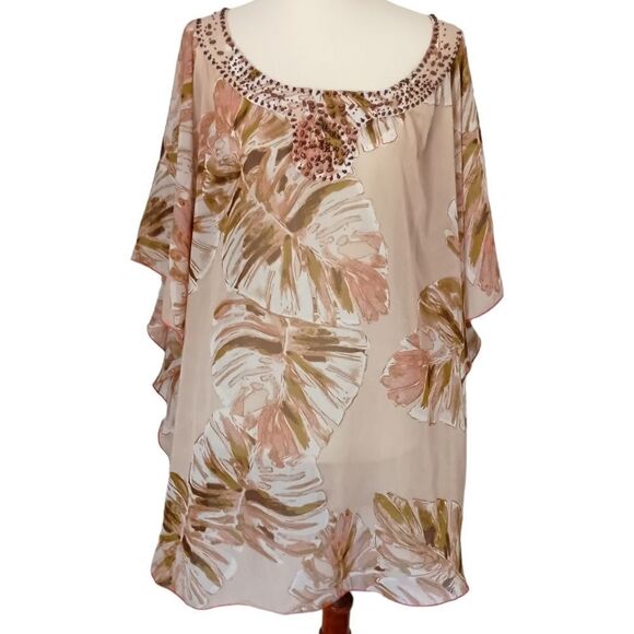 Lane Bryant Sheer Poncho Top Sz 2X 18 20 Beaded Leaf Print Tropical Kimono Flowy - Picture 13 of 13